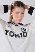 Camiseta manga larga oversize crema con diseño college