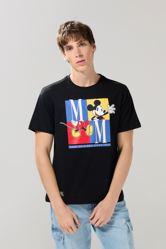 Camiseta cuello redondo negra con estampado de Mickey
