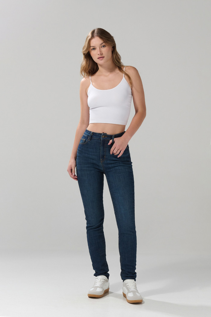 Jean azul oscuro jegging súper tiro alto con costuras