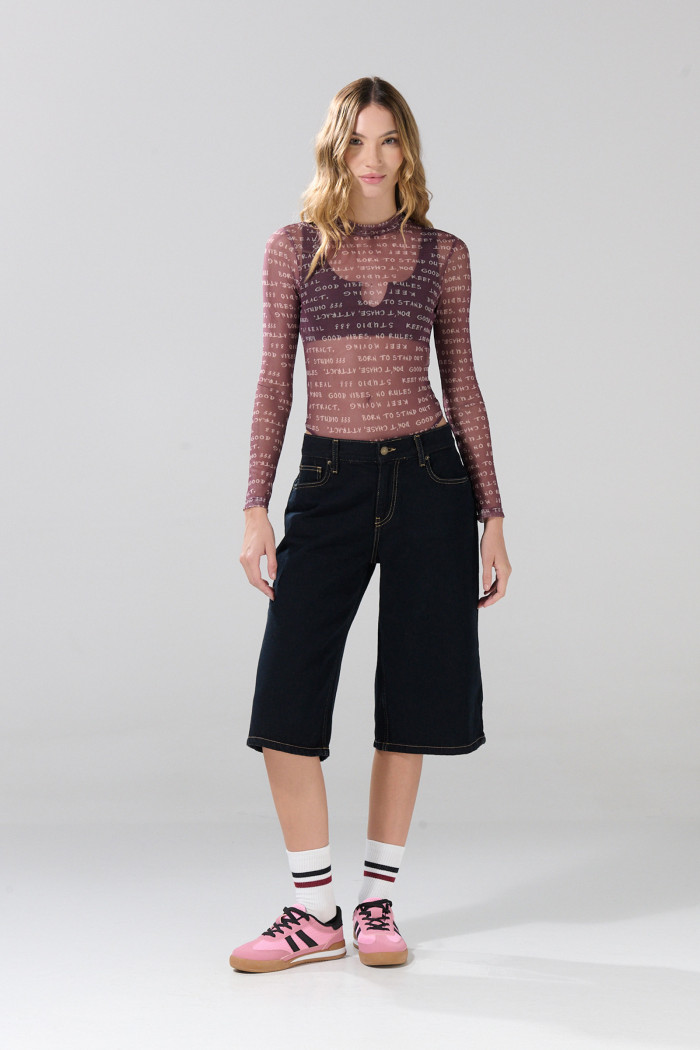 Short tiro medio de jean azul intenso con cremallera
