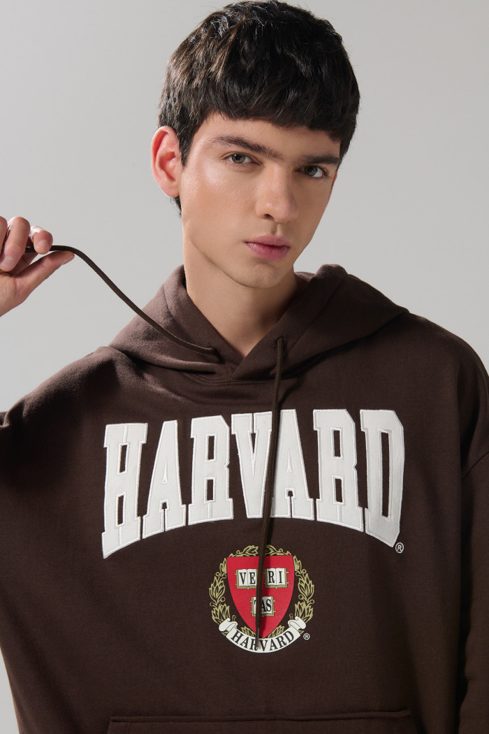 Buzo café oscuro con capota y diseño de Harvard