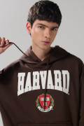 Buzo café oscuro con capota y diseño de Harvard