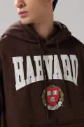 Buzo café oscuro con capota y diseño de Harvard
