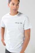 Camiseta manga corta crema a rayas con diseño college