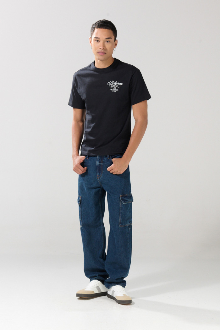 Camiseta negra college en algodón cuello redondo