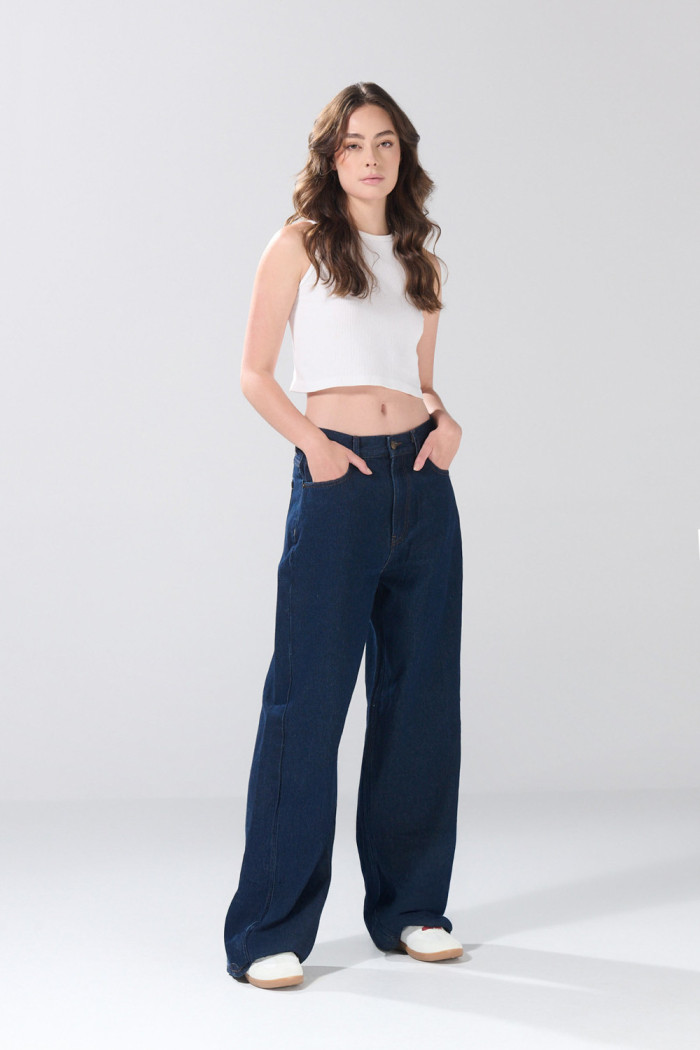 Jean baggy infaltables azul tiro medio con bota ancha
