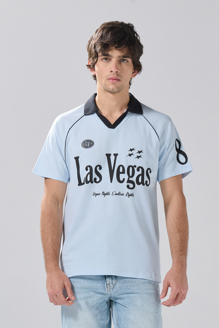 Camiseta manga ranglan oversize azul college con cuello polo