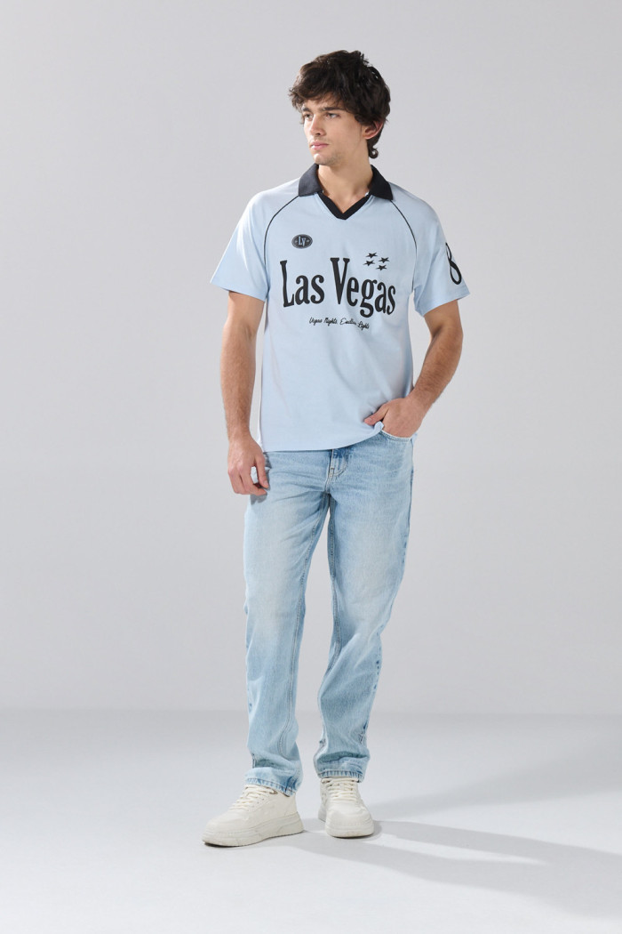 Camiseta manga ranglan oversize azul college con cuello polo