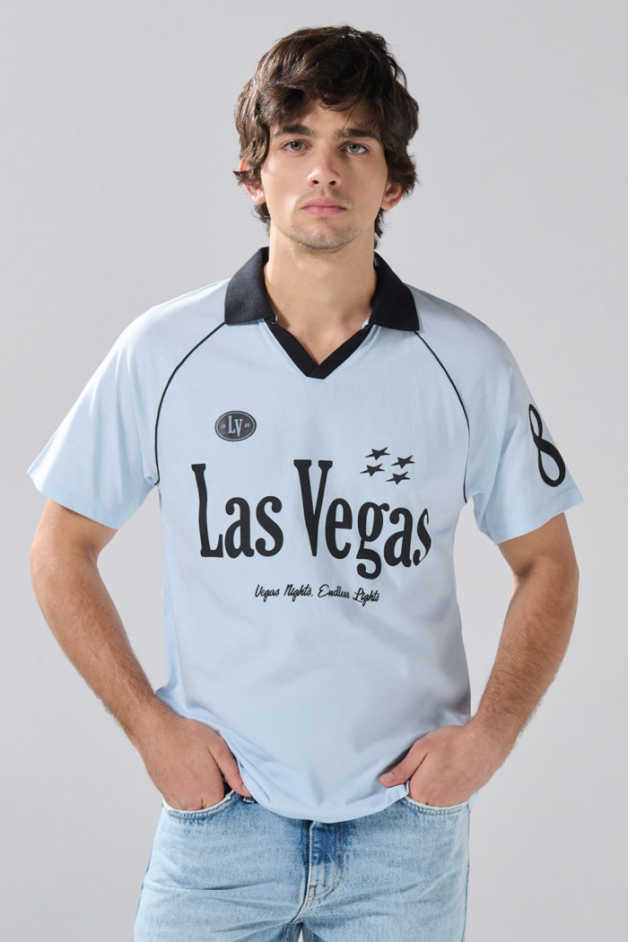 Camiseta manga ranglan oversize azul college con cuello polo