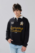 Buzo cuello polo negro oversize con diseño college