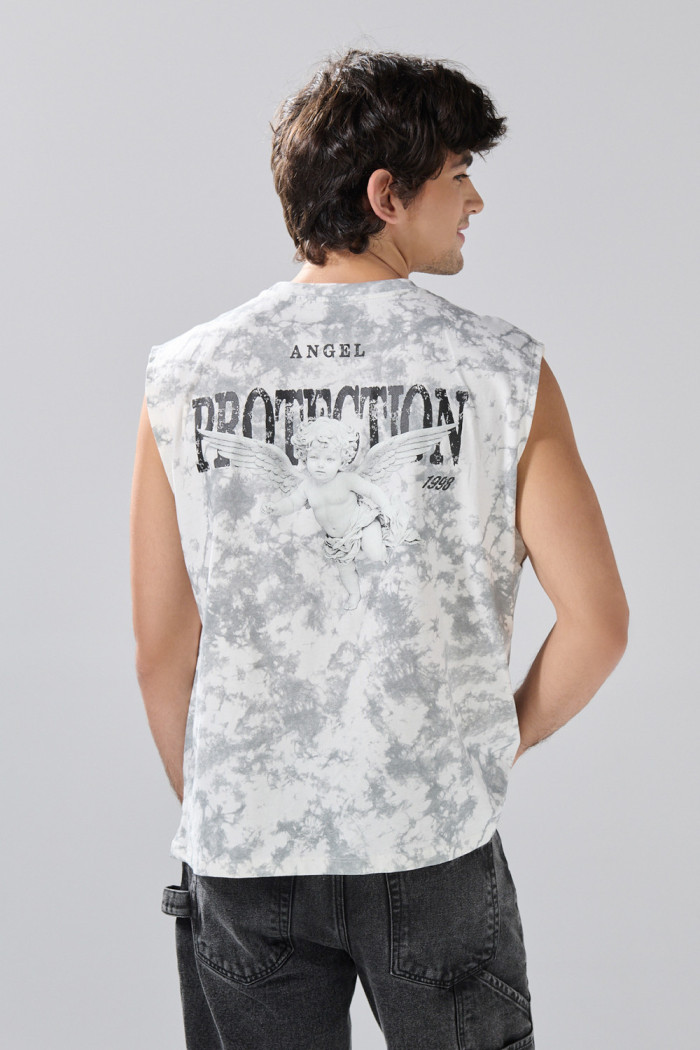 Camiseta oversize crema tie dye manga sisa con arte celestial