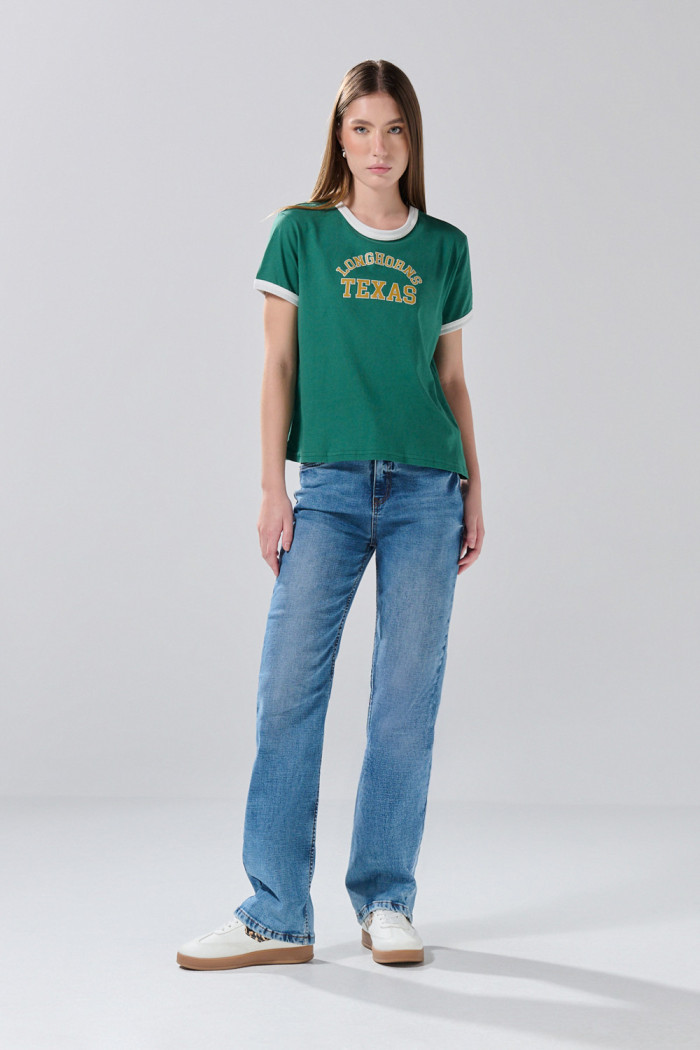 Camiseta manga corta college verde oscura con contrastes
