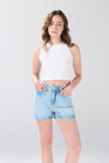 Short infaltables tiro alto azul de jean con 5 bolsillos
