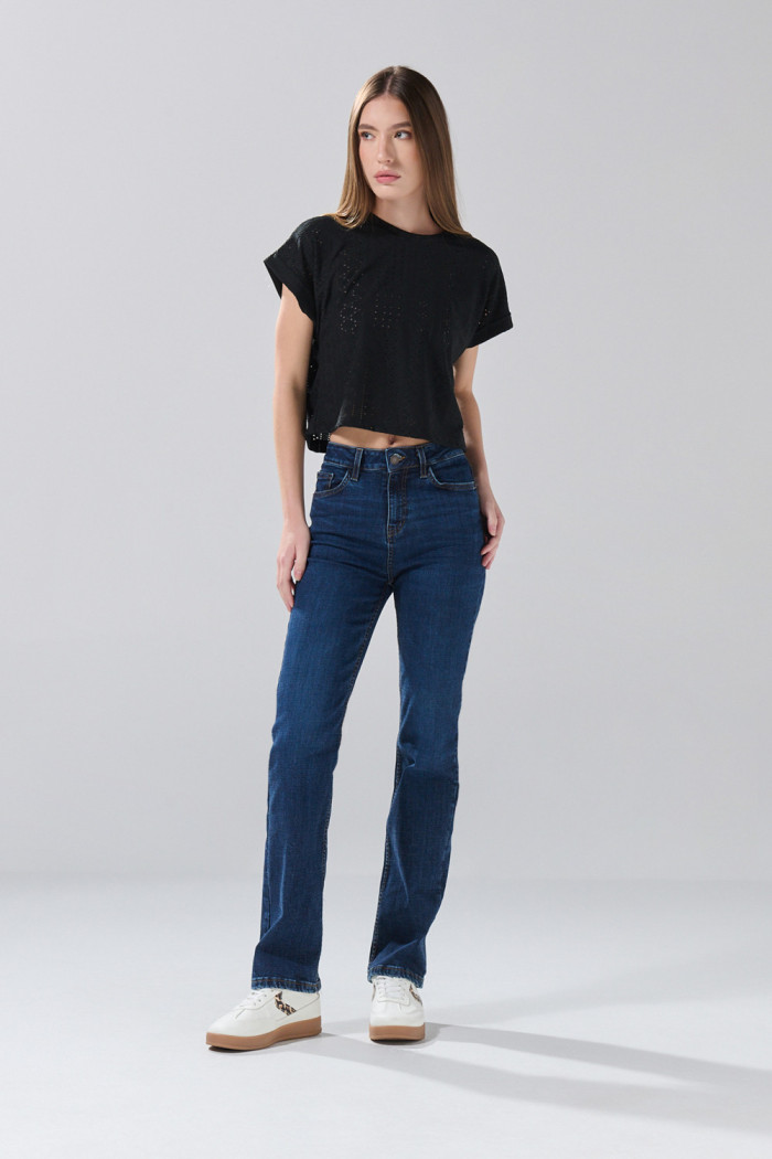 Jean azul oscuro straight leg bota recta con tiro alto