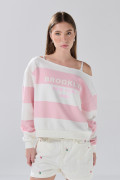 Buzo cuello redondo oversize crema college con rayas