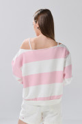 Buzo cuello redondo oversize crema college con rayas