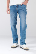 Jean bota recta azul straight leg infaltables con tiro bajo
