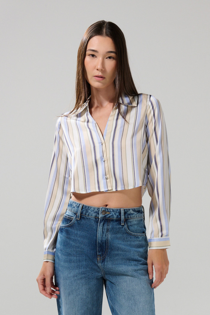 Blusa en satín unicolor crop top manga larga estampada
