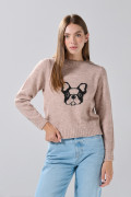 Suéter cuello redondo kaki con diseño de perrito