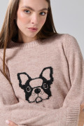 Suéter cuello redondo kaki con diseño de perrito