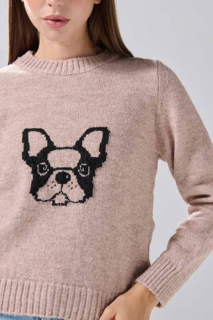 Suéter cuello redondo kaki con diseño de perrito