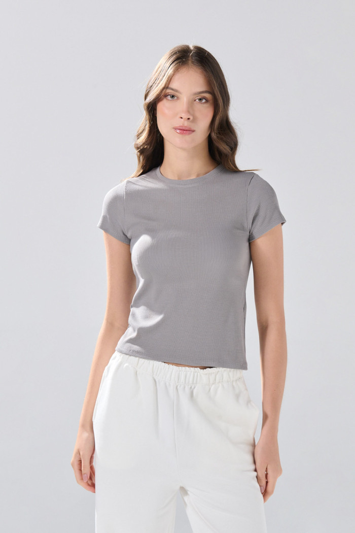 Camiseta infaltables acanalada unicolor con cuello redondo
