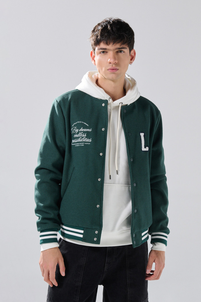 Chaqueta verde oscura bomber college con bolsillos