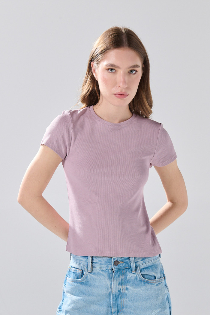 Camiseta infaltables acanalada unicolor con cuello redondo
