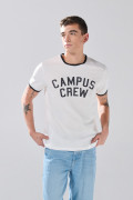Camiseta cuello redondo crema con contrastes y texto college
