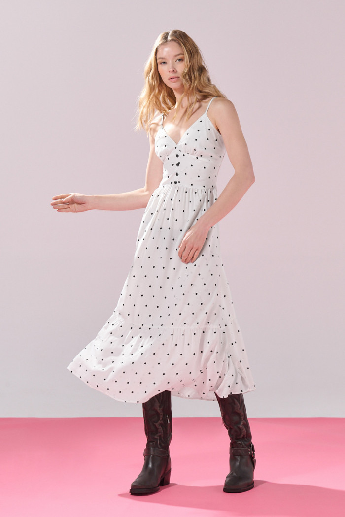 Vestido largo crema de Polka Dots con puntos negros
