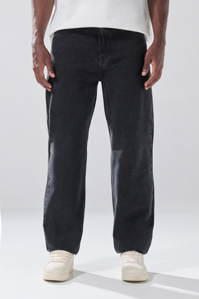 Jean baggy infaltables gris tiro medio con bota ancha 
