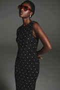 Vestido largo negro con puntos de Polka Dots y manga sisa

