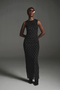 Vestido largo negro con puntos de Polka Dots y manga sisa
