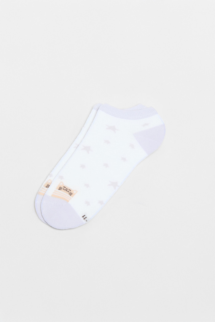 Medias tobilleras cremas claras con estrellas y gatitos
