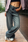 Jean tiro medio azul baggy infaltables con bota ancha
