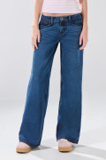 Jean open leg tiro bajo azul infaltables con bota ancha
