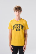 Camiseta amarilla oscura manga corta con diseño college
