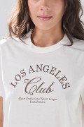 Camiseta college en algodón crema con cuello redondo
