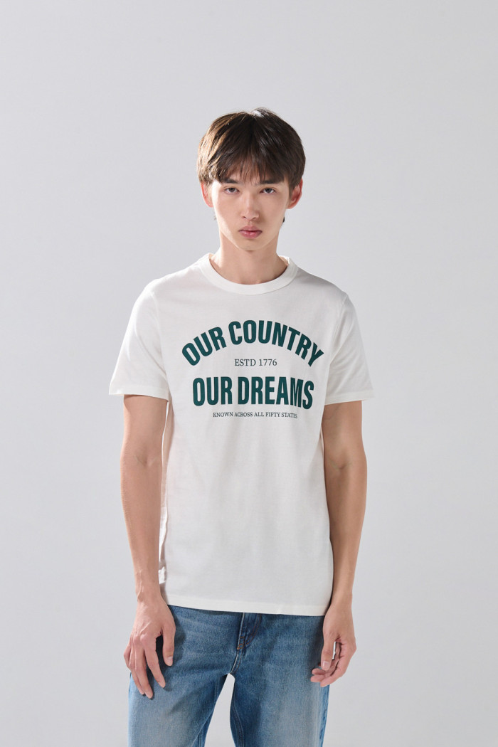 Camiseta en algodón manga corta crema con diseño college
