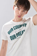 Camiseta en algodón manga corta crema con diseño college
