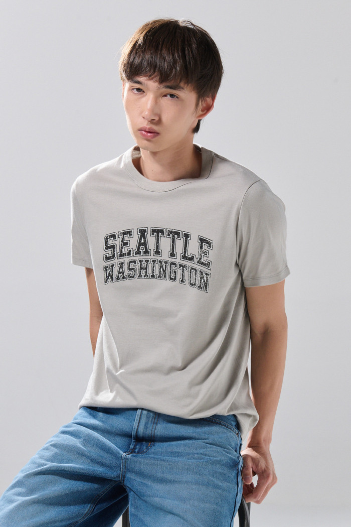 Camiseta cuello redondo gris con arte college delantero
