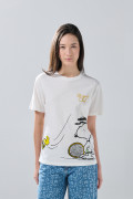 Camiseta crema en algodón de Snoopy con cuello redondo
