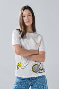 Camiseta crema en algodón de Snoopy con cuello redondo
