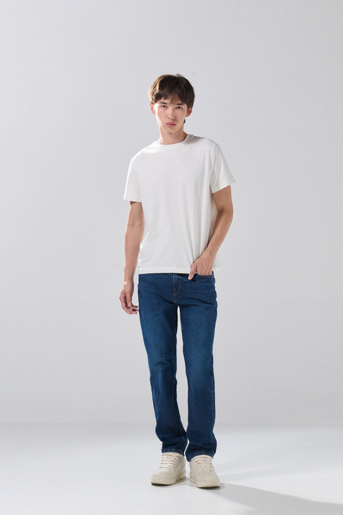 Jean straight leg bota recta azul infaltables con tiro bajo
