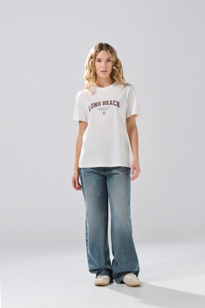 Camiseta ajustada en algodón college crema manga corta
