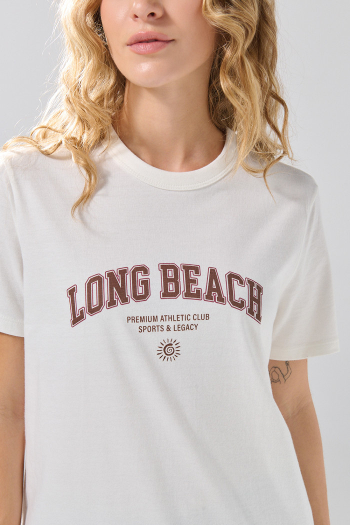 Camiseta ajustada en algodón college crema manga corta
