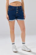 Short de jean azul oscuro con botones visibles y tiro alto
