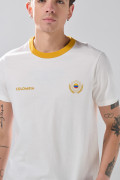 Camiseta college crema clara con cuello redondo amarillo
