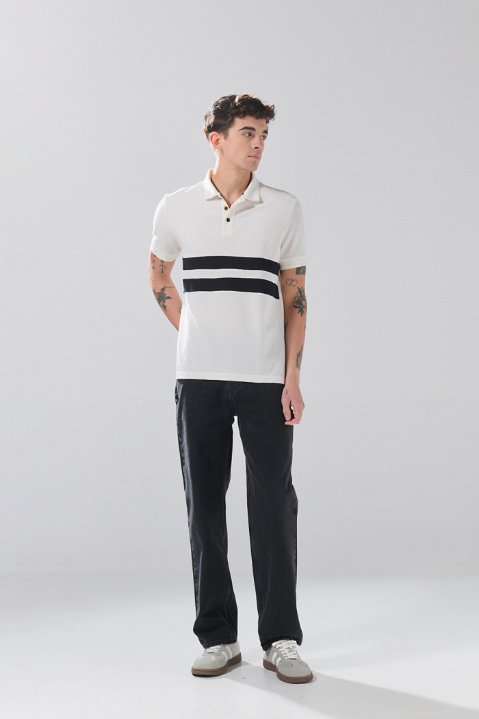Camiseta polo unicolor de Boho Club con texturas y franjas
