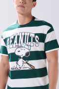 Camiseta crema a rayas manga corta con arte de Snoopy
